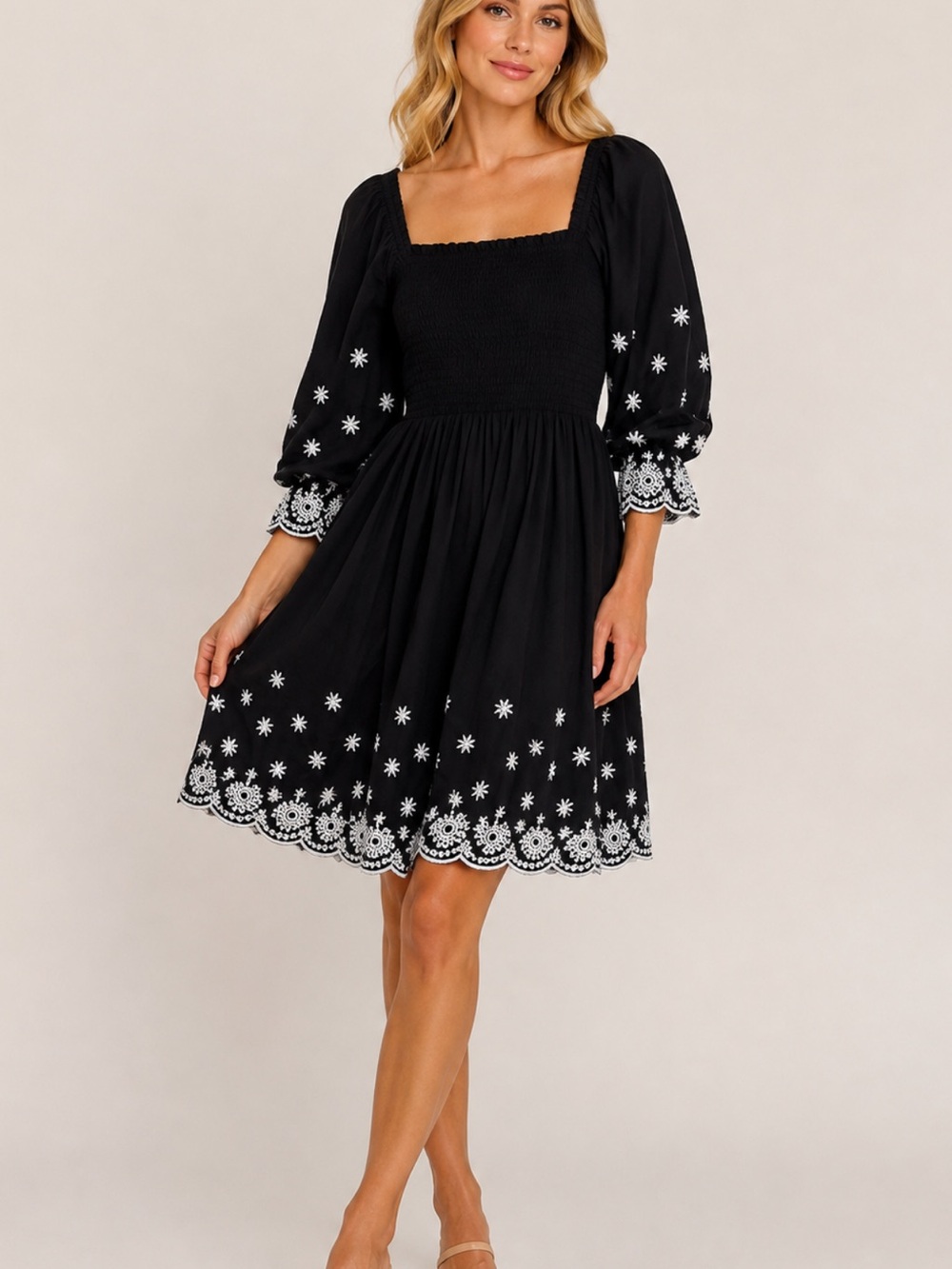 Kings Road Black Embroidered Smocked Dress Size M Boho Floral